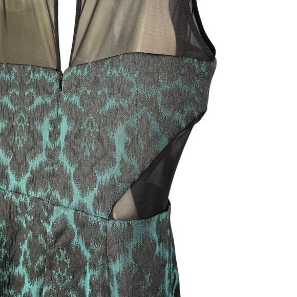 Badgley Mischka Dress 6 Green Black Damask Illusion Neck Sides Sheath Cocktail - Picture 8 of 14